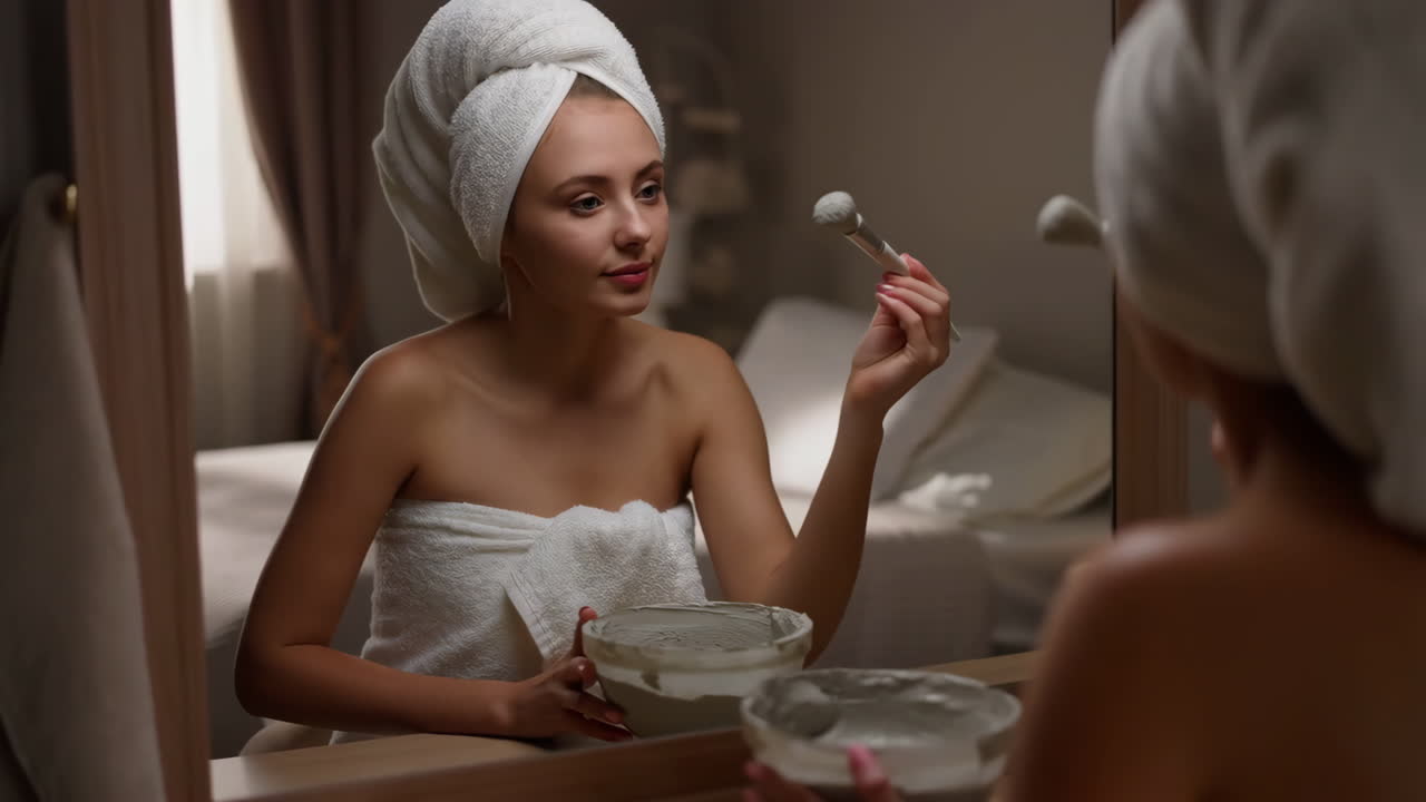 Woman applying face mask in mirror