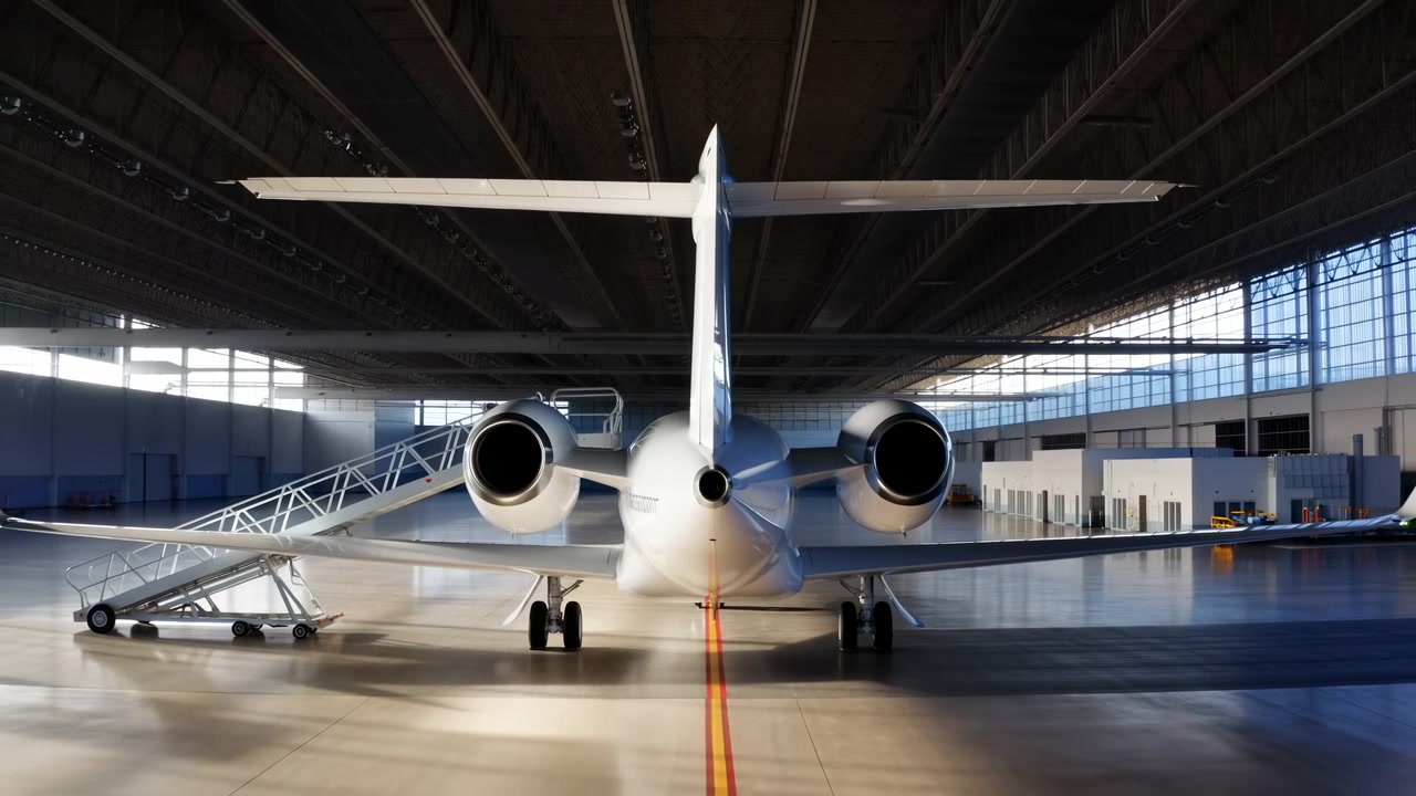 Jet d'affari bimotore fermo parcheggiato all'interno di un grande hangar per aerei, visto da dietro con impennaggio verticale, stabilizzatore orizzontale, doppie prese d'aria del motore posteriore, scala passeggeri mobile e pavimento riflettente
