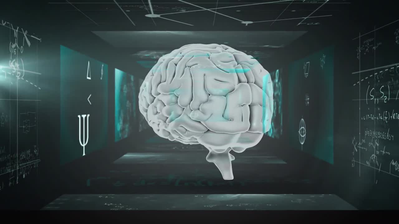 Animation of rotating human brain scanning with equations and statistical information processing