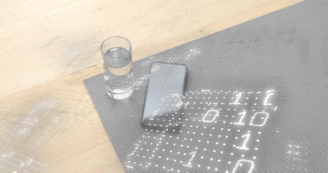 Reflections fading then phone spawning grid streaming then retracting binary code over wood surface