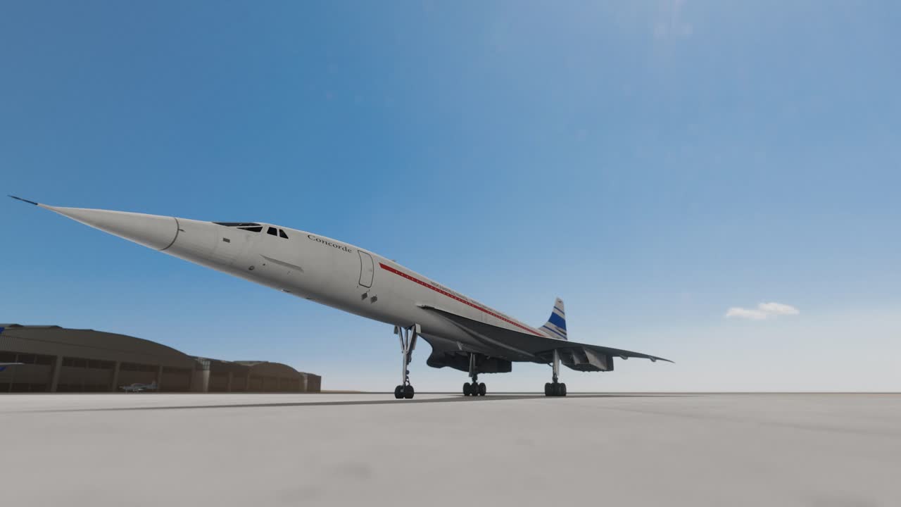 animación en 3d del prototipo de concorde en un aeropuerto