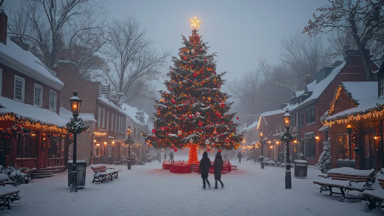 Snowy winter evening with a festive tree. Couple strolls through a snowy village square, enjoying a beautifully lit Christmas tree and holiday decorations