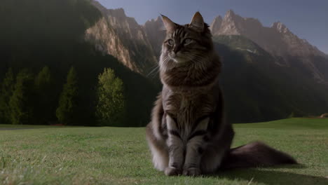 long-haired cat sitting in a scenic mountain landscape