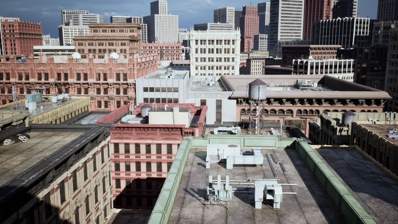 Vista urbana de telhados de edifícios no centro da cidade com o horizonte da cidade ao fundo