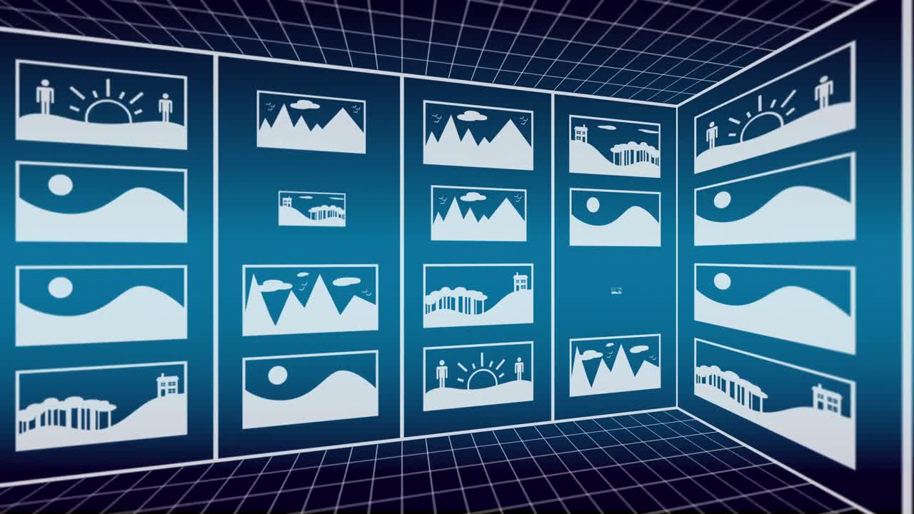 animación de íconos de paisaje en fondo azul.