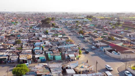 aerial over townships of south africa with poverty stricken slums streets and ghetto buildings