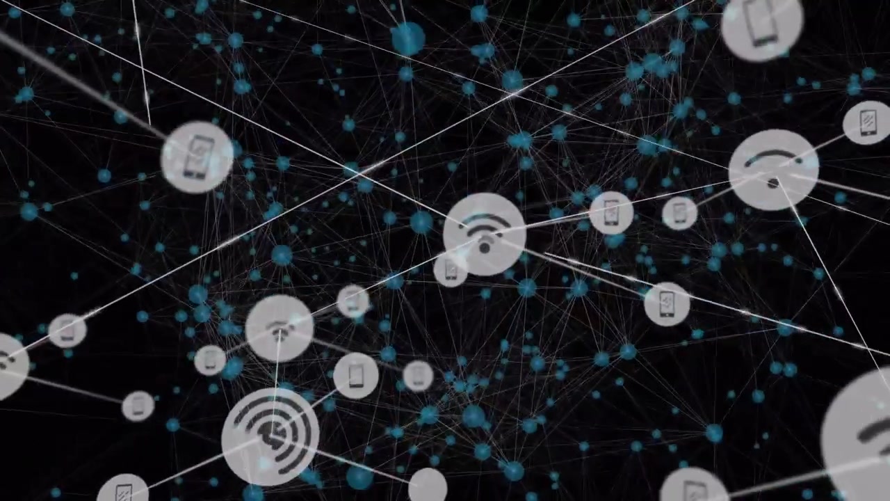 Animation af netværk af forbindelser med ikoner over et net og sort baggrund