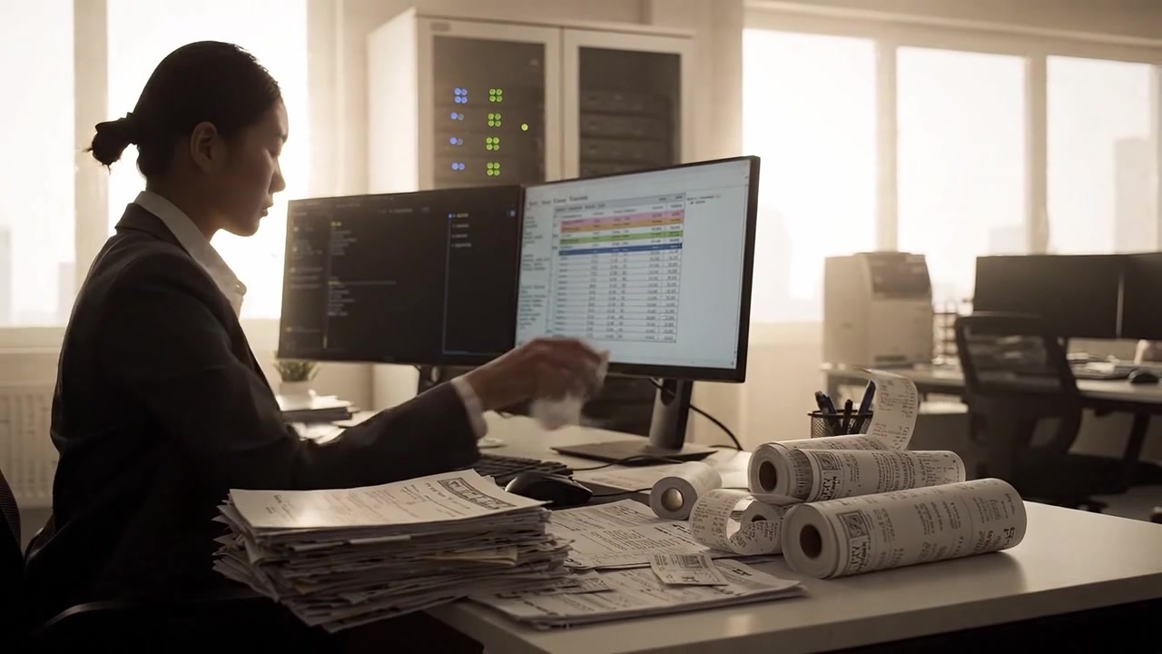 Focused Professional Analyzing Data at Computer Desk Surrounded by Documents and Receipts in a Modern Office with Soft Ambient Lighting