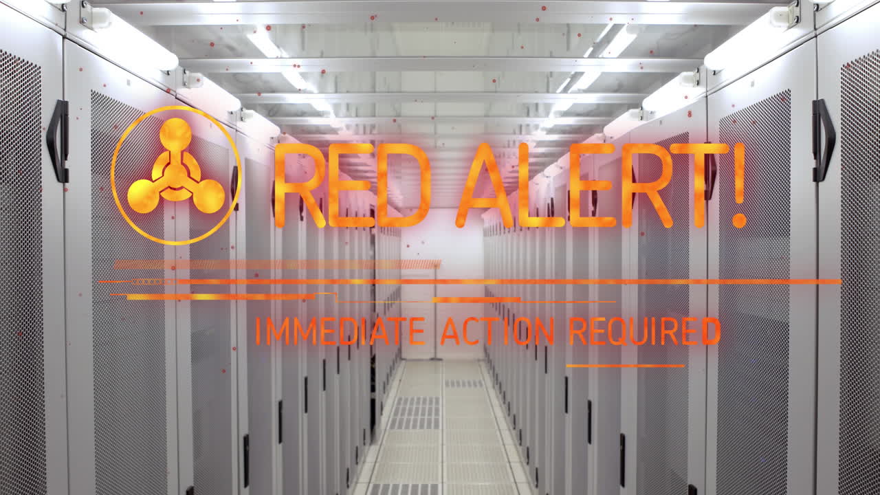 Animation of red alert text and symbol over server room