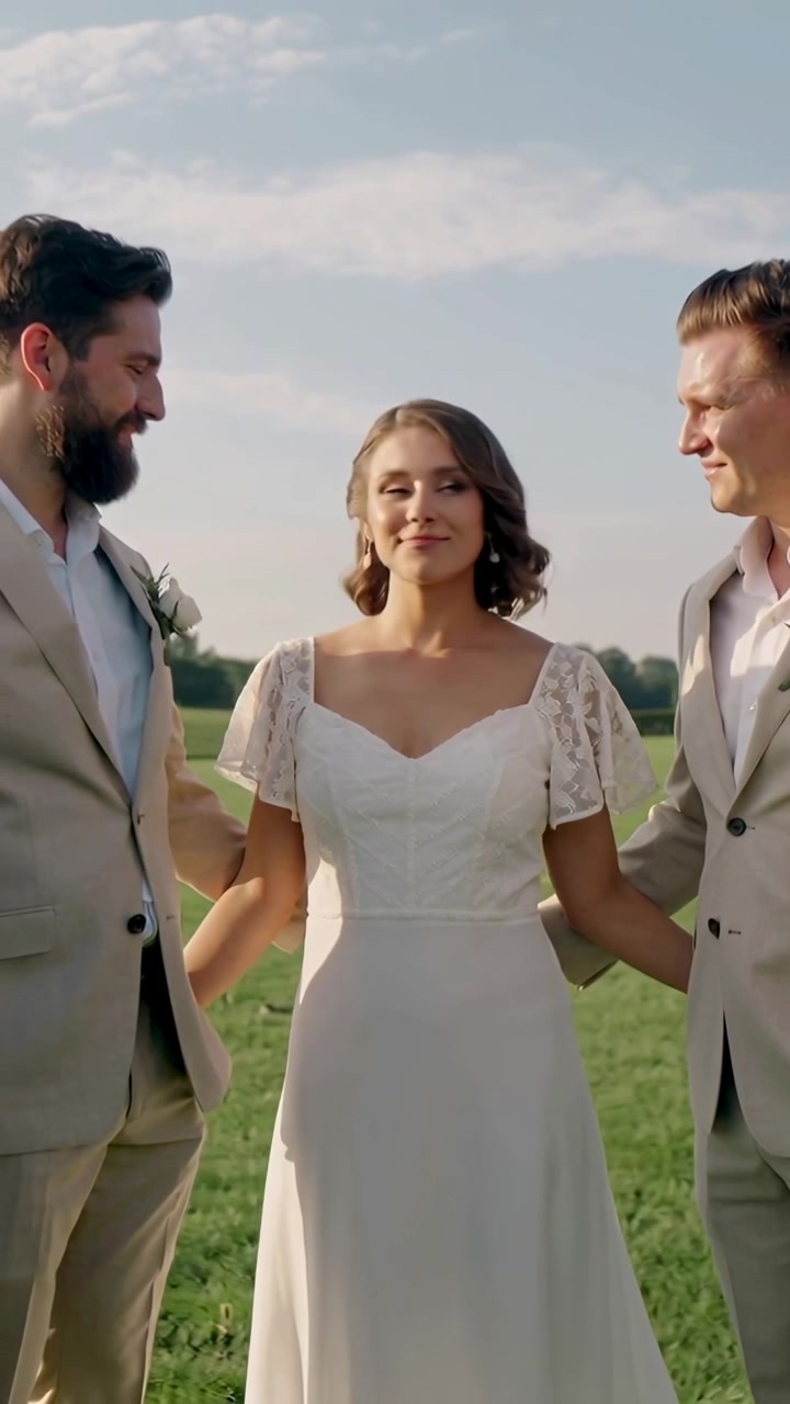 Video verticale: Sposa in abito che si gira e si mette in posa, sorridendo dopo lo sguardo degli uomini sul prato per una posa nuziale.