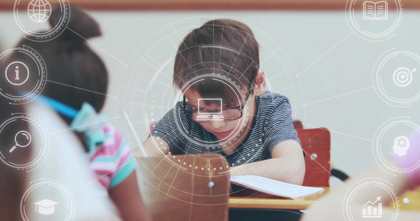 Camera pullback revealing boy with glasses writing in class HUD laptop icon shifting tracking work