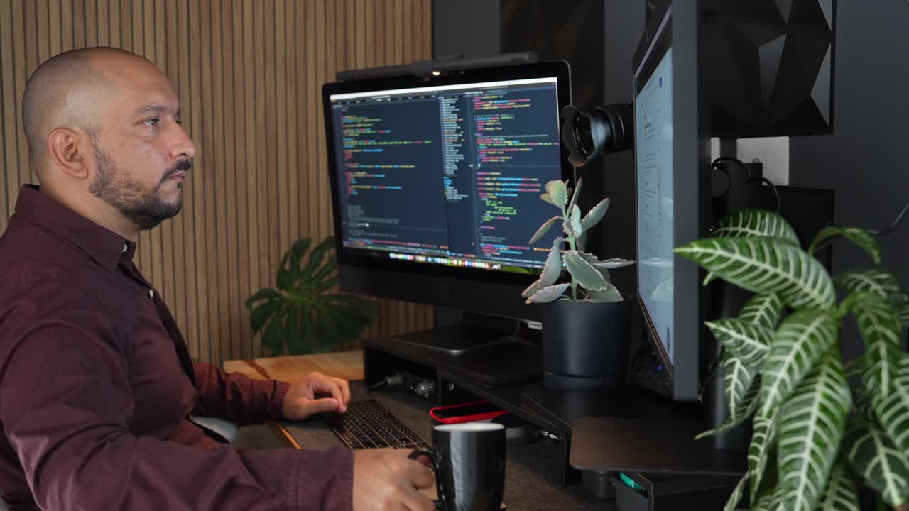 programador masculino hispano ingeniero de ti trabajando bebiendo café caliente escribiendo en el teclado