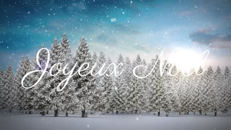 Animación-Del-Texto-Joyeux-Noel,-Abetos-Y-Nieve-Cayendo-Sobre-El-Paisaje-Invernal