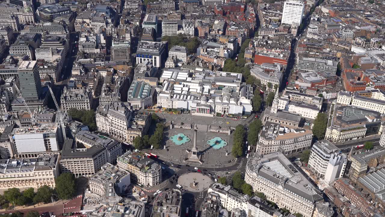 Aerial view of Trafalgar Square, Nelson's column and the National Gallery, London, UK