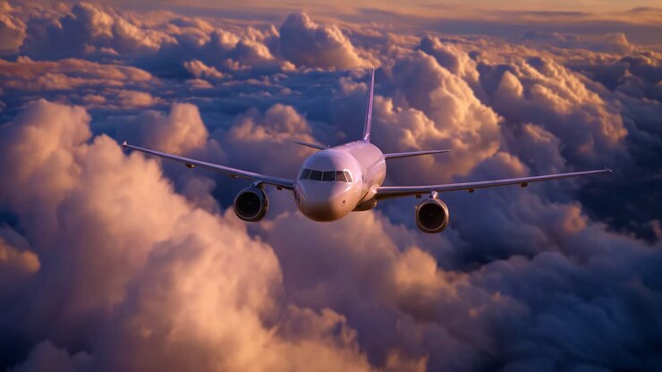 Un avion survolant une mer de nuages au coucher du soleil : une beauté pittoresque captivante avec des teintes éclatantes et une sensation d’aventure dans le ciel
