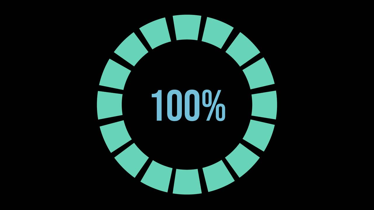 Circular progress bars increment from 16% to 100% with smooth transitions, set against a black background, creating a modern, digital aesthetic