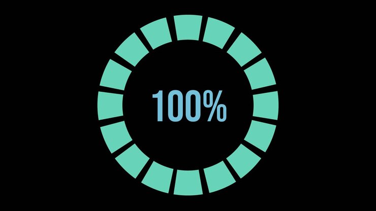 Circular progress bars increment from 16% to 100% with smooth transitions, set against a black background, creating a modern, digital aesthetic