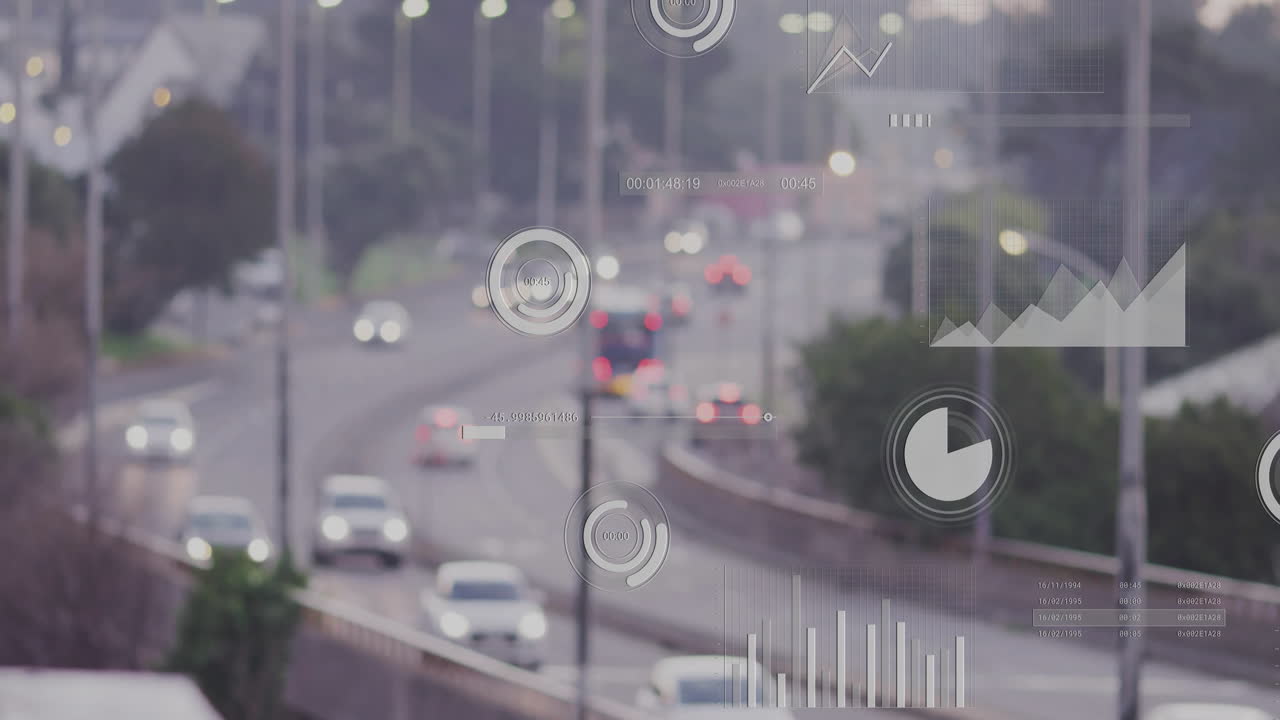 이동하는 자동차와 함께 바쁜 고속도로에서 교통 데이터 시각화 애니메이션