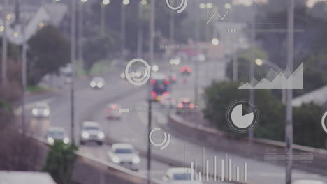 traffic data visualization animation over busy highway with moving cars