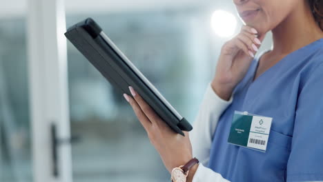 Thinking-doctor,-tablet-and-hands-of-person