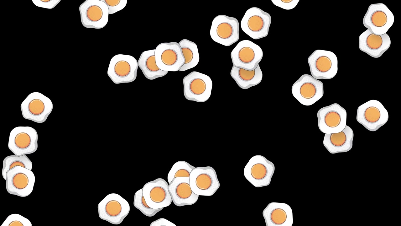 Tyylitellyt 2D-paistetut munat putoavat pystysuoraan satunnaisella pyörimisellä tummalle taustalle.