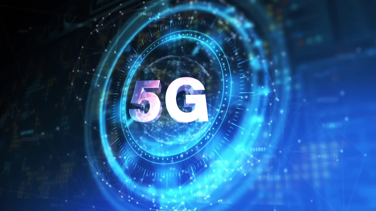 animazione del cerchio di elaborazione con rotazione 5g sullo spazio digitale blu e nero