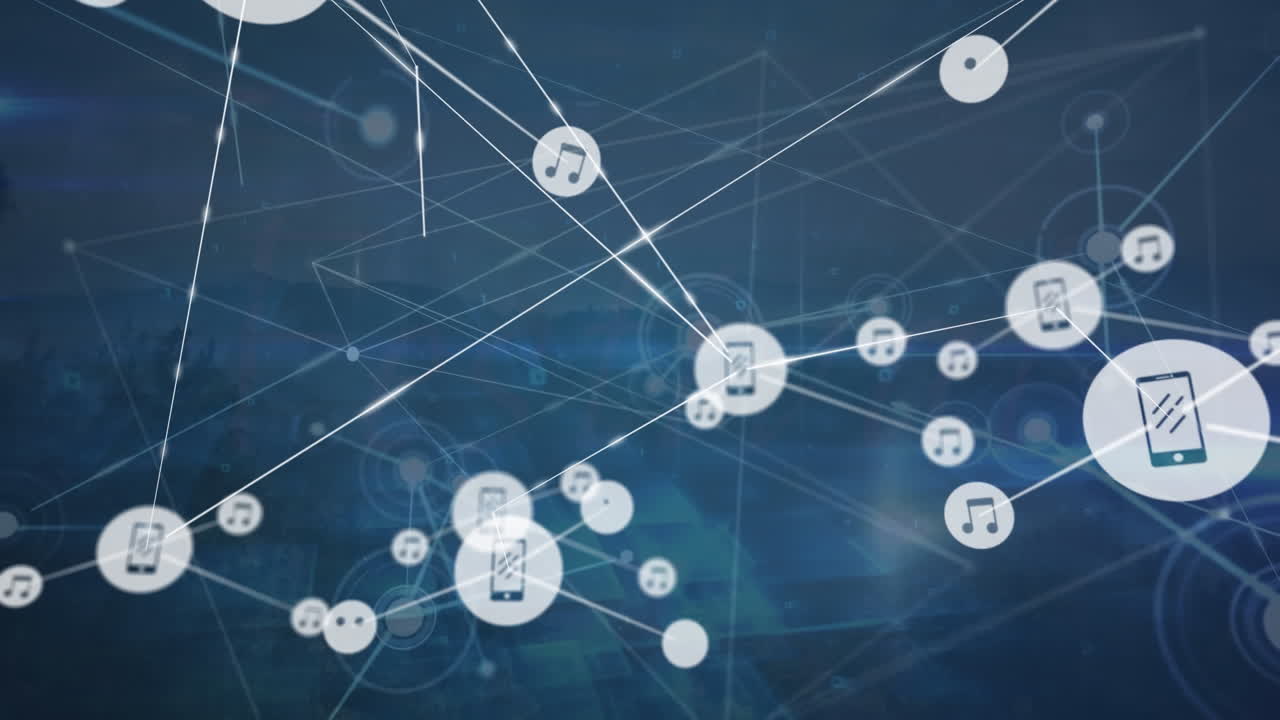 산과 나무가 있는 풍경을 배경으로 디지털 아이콘과 빛의 경로 네트워크의 애니메이션