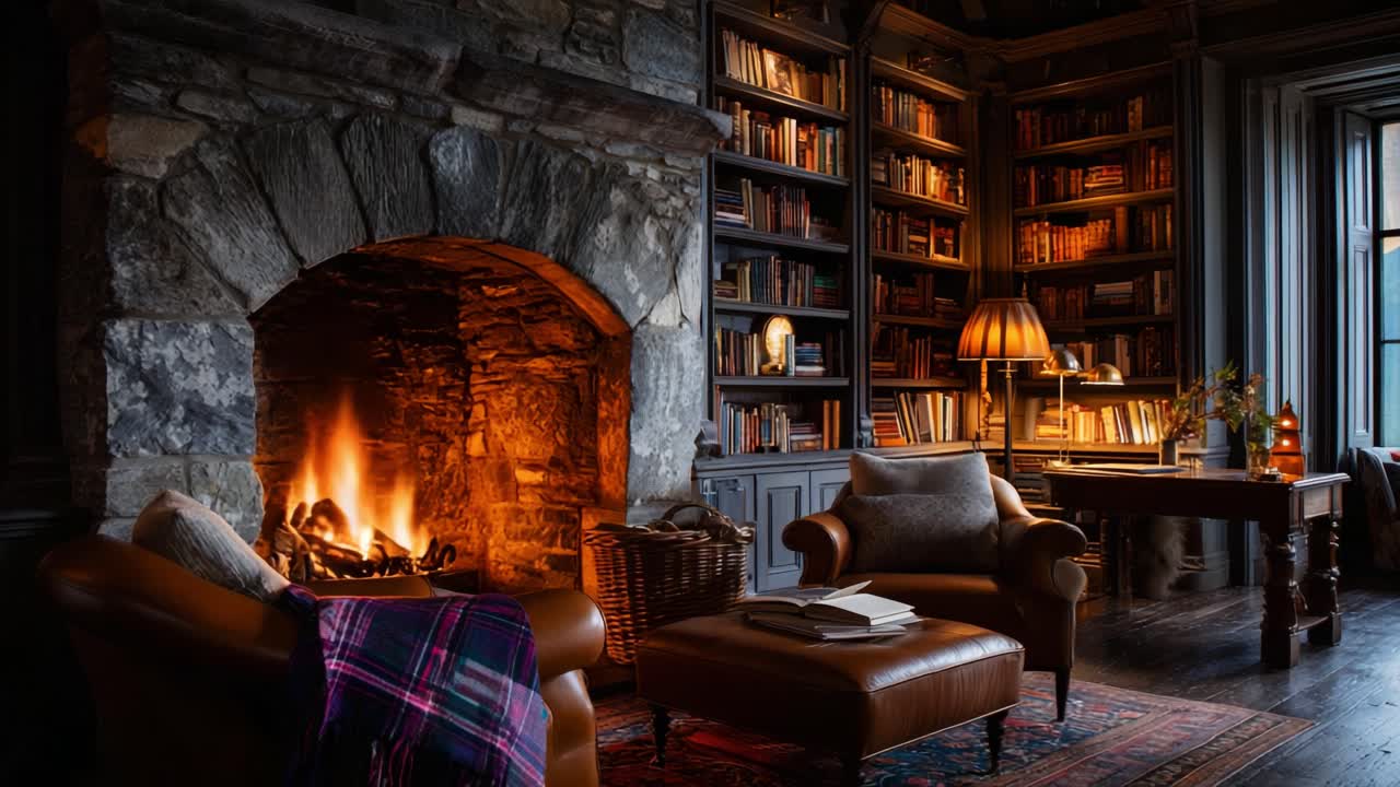 Cozy and Inviting Library Setting with a Warm Fireplace, Bookshelves ...
