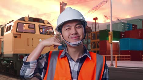 construction worker gesturing call at port, near train and containers