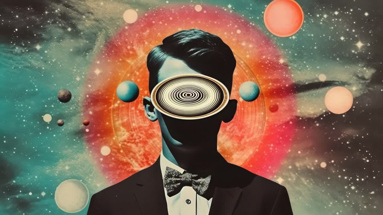 Surreal video concept of a man in a suit with a cosmic background