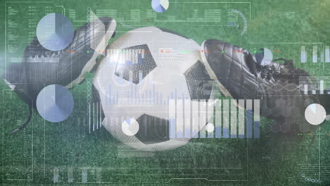 animación de la interfaz con el procesamiento de datos en primer plano de un fútbol y tacos de fútbol en césped