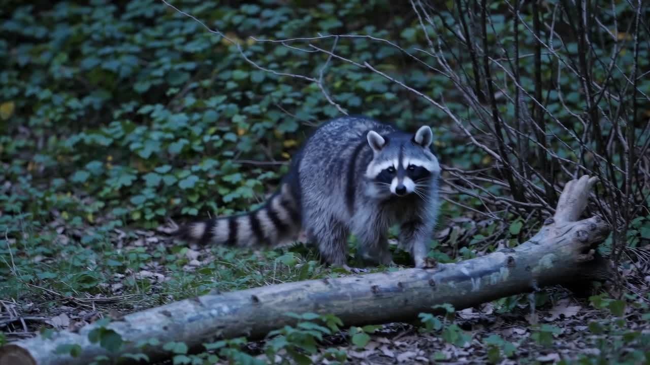 A raccoon in a forest setting, captured in a low-angle shot, creates a natural and immersive