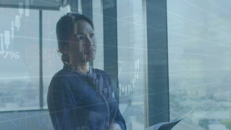 animation of financial data processing over asian businesswoman working at office