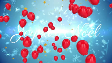 animación de globos y estrellas sobre el texto de joyeux noel en fondo azul