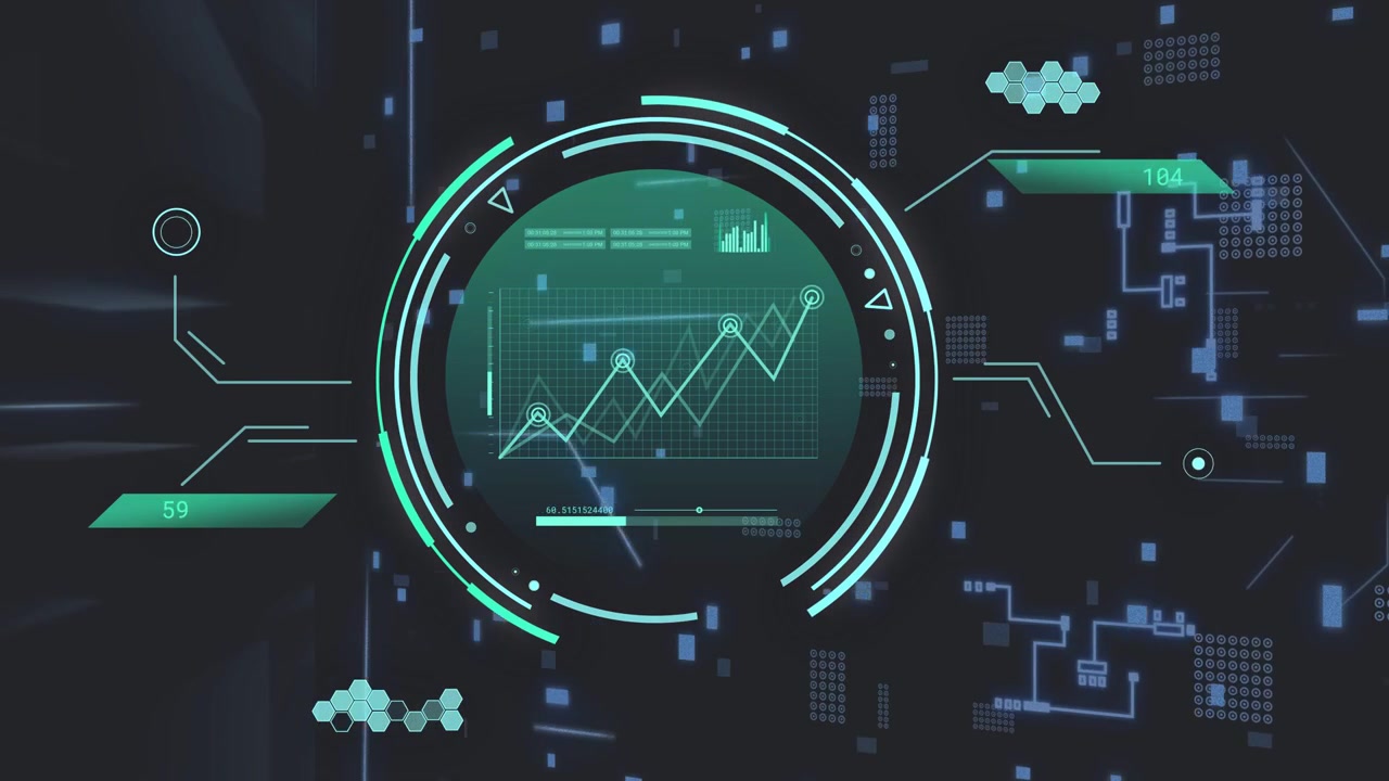 On load circular HUD animating chart points popping, rings rotating, panels updating, showing data