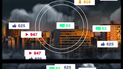 Escáneres-De-Alcance-Cayendo-Sobre-Múltiples-íconos-De-Redes-Sociales-Flotando-Sobre-Nubes-Oscuras-Contra-El-Paisaje-Urbano