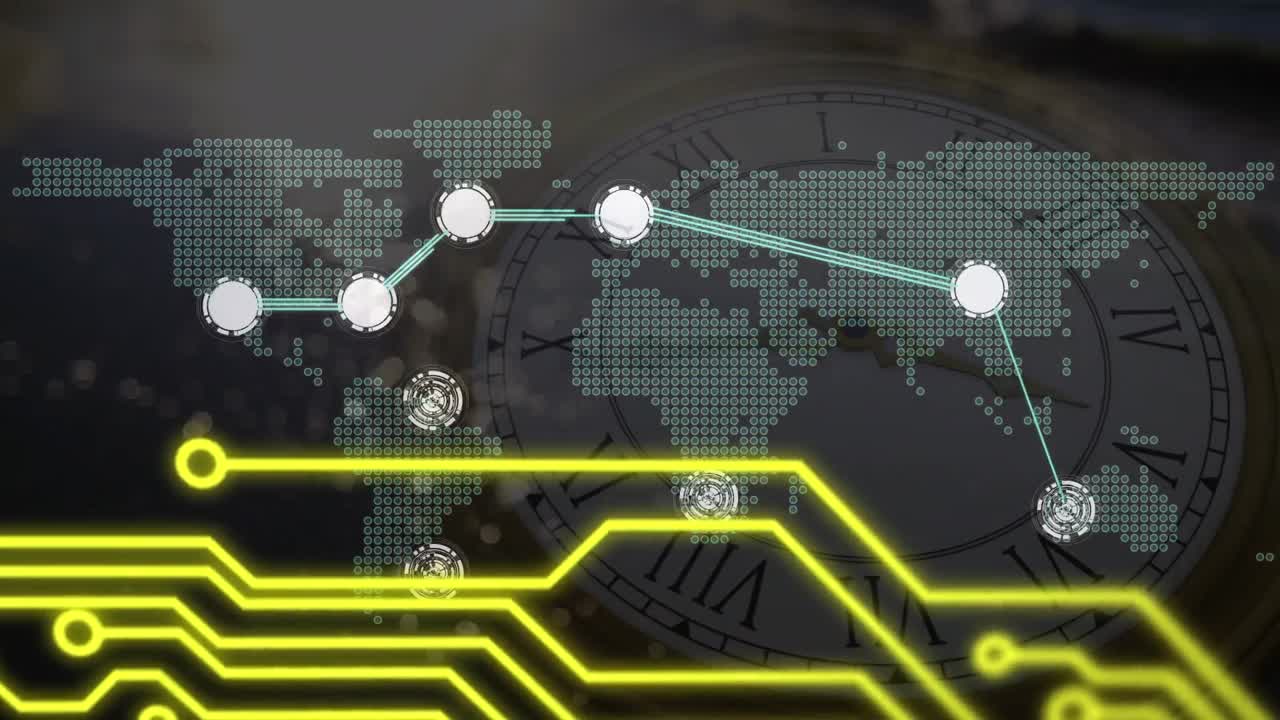 animación de líneas amarillas sobre la red de conexiones, mapa del mundo y reloj móvil