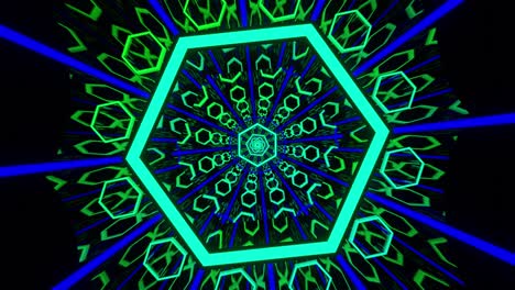 hexágonos brillantes vuelan hacia usted, rodeados de rayos brillantes de colores. animación de bucle para las vacaciones, vj, animación en bucle