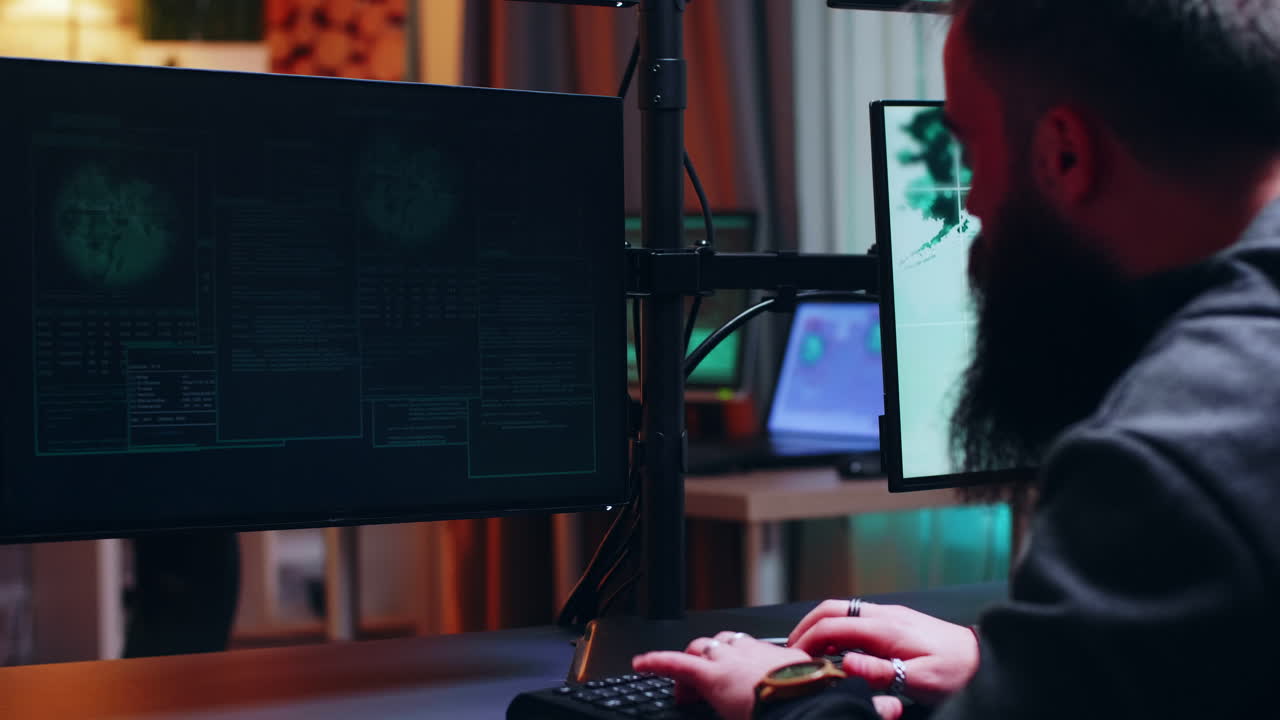 Back view of hacker in dark hoodies