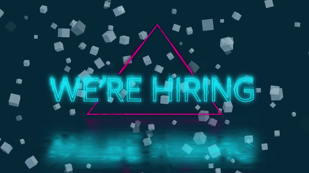 Animation of we're hiring text over shapes on black background