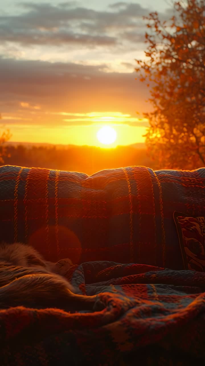 Vertical video: Sun descending, bathing cat on patio bench with plaid throw, copy space