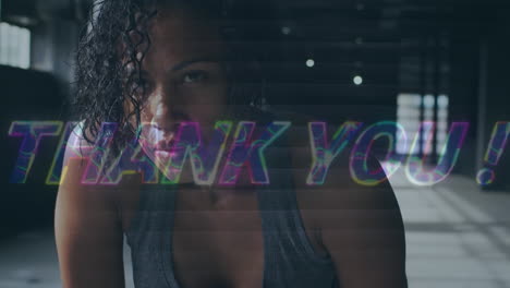 animation of thank you text over african american sportswoman at gym