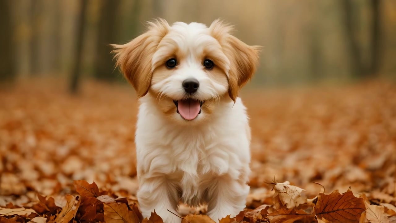 Cute Puppy Running Through Autumn Leaves in the Forest