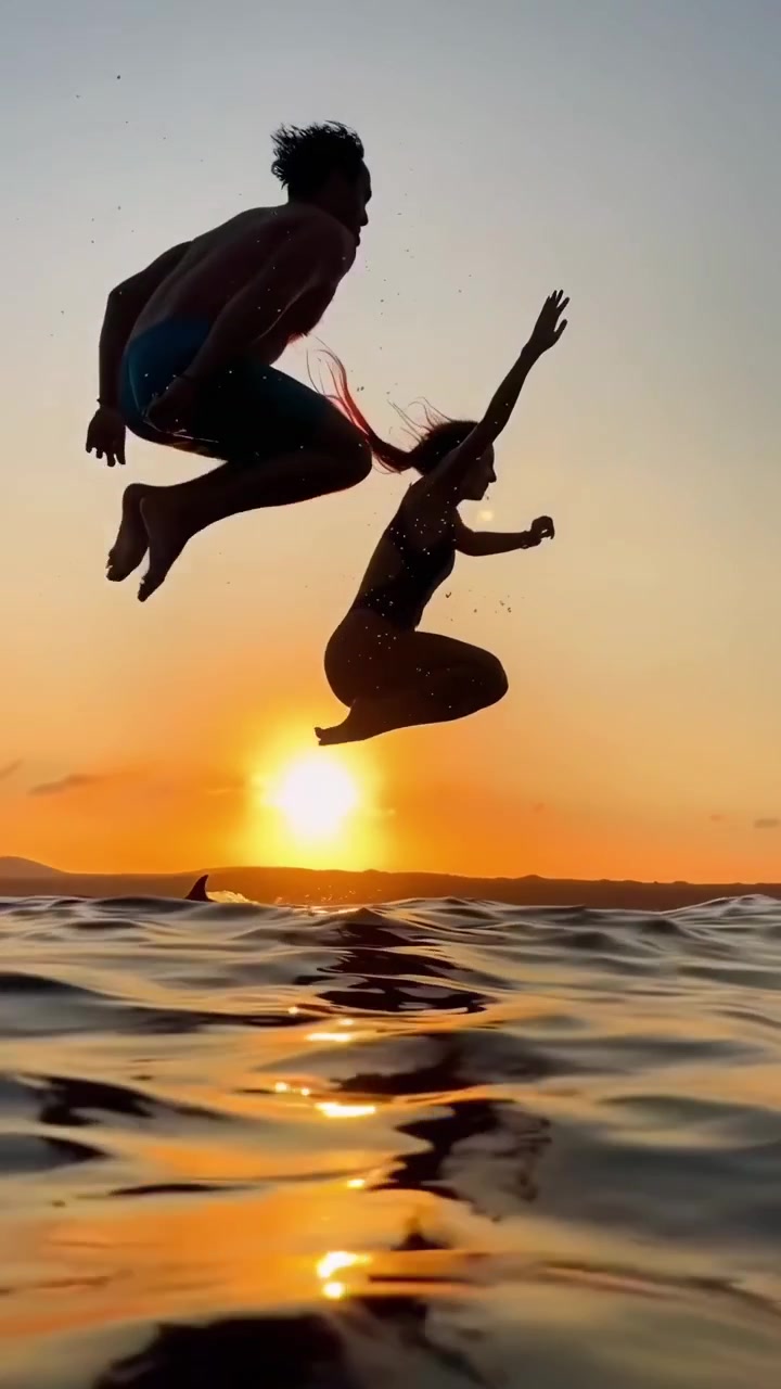 Coppia felice salta da una barca a vela nell'oceano al tramonto.