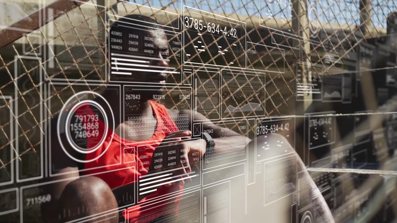 Vertical video: Reacting to alert, man in red tank checking smartwatch at bleachers, HUD rising
