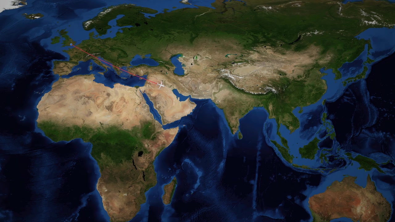 Animazione di una mappa satellitare del mondo che traccia una rotta di volo da Londra a Manila con linee rosse.