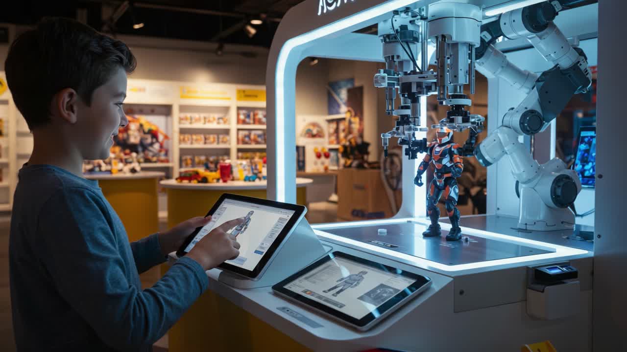 A Young Innovator Engages with a Robotic Arm in a Tech Store, Combining Digital Interaction with Innovative Robotics for an Immersive Experience