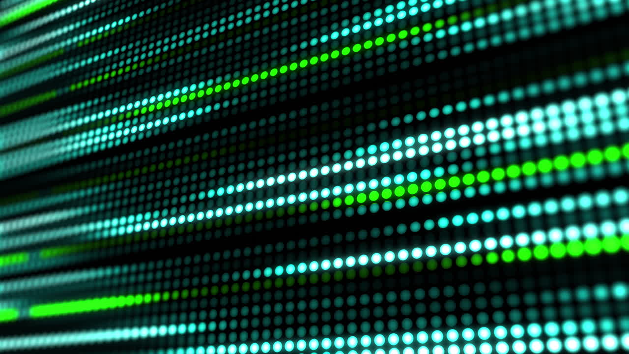 Turquoise and green glowing pixels. LED screen. Effect of movement festive illumination lines. Blurred electronic display background. Looped animation graphics.