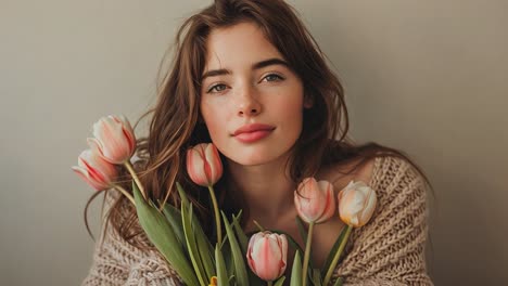 a beautiful young woman holding a bouquet of pink tulips