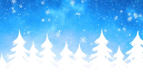 Animación-Digital-De-Copos-De-Nieve-Cayendo-Sobre-árboles-En-El-Paisaje-Invernal-Sobre-Fondo-Azul